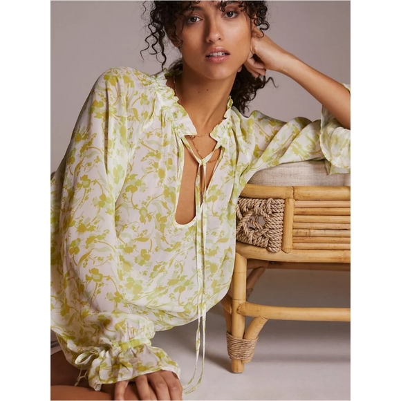 Anthropologie Tops - Anthro Aureta Floral Green Yellow White Flowy Top, L